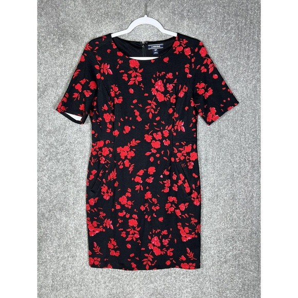 Lands End Floral Dress Womens Size 10‎ Petite 10P Black Red Stretch Short Sleeve - Picture 1 of 10